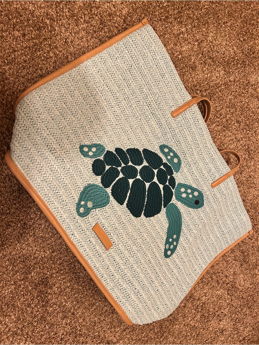 Vera Bradley Teal Turtle Straw Tote with Tan Trim